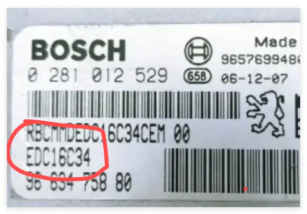 Etiqueta Bosch con código EDC16C34 marcado